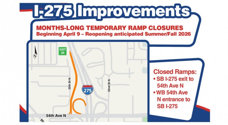 Ramp Closures Begin April 9 at I-275 / 54th Avenue N